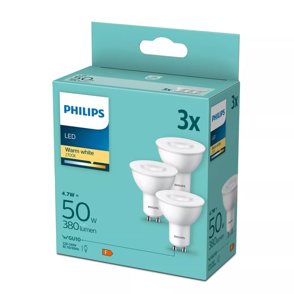 Philips - LED-pære for søkelys - form: PAR16 - klar finish - GU10 - 4.7 W (ekvivalent 50 W) - klasse F - varmt hvitt lys - 2700 K (en pakke 3)