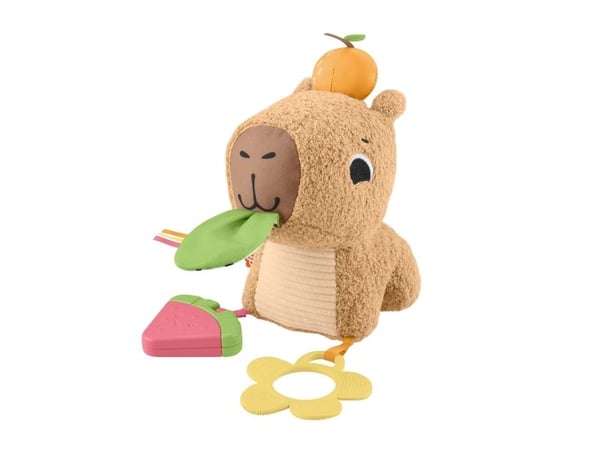 Fisher-Price , aisteja stimuloiva Snuggly Snacky Capybara -pehmolelu vauvoille, purulelu ja helistin, Leluvesisika, 0,25 vuosi/vuosia, Tuottaa ääntä