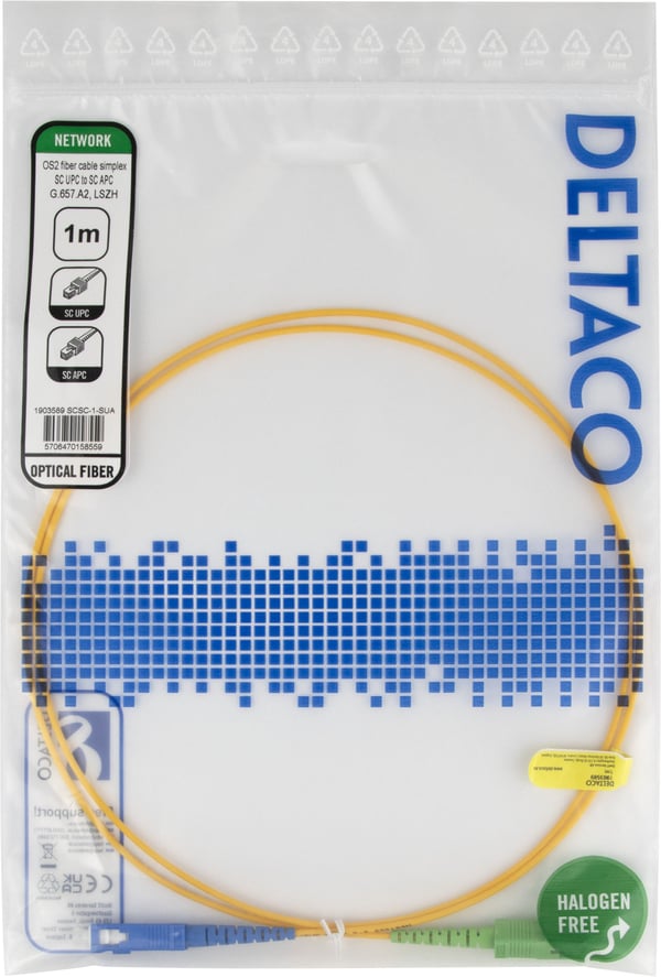 DELTACO - Koblingskabel - SC/UPC (hann) til SC/APC (hann) - 1 m - 1 m - fiberoptisk - simpleks - OS2 - halogenfri, toretnings - gul