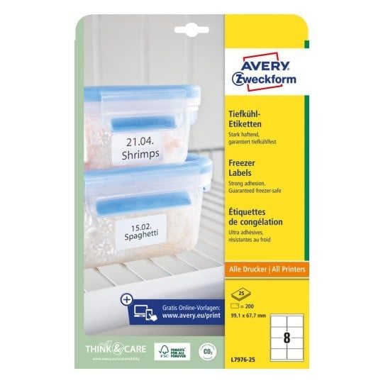 Etiketter Avery 99,1 x 67,7 mm, A4, hvite - dypfryste etiketter for merking av frossenmat - (25 ark x 8 stk.)