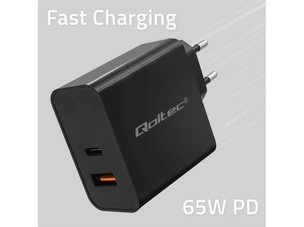 Qoltec - Strømadapter - superrask, 5-20 V, 1,5 A - 65 Watt - 3,25 A - PD - 2 utgangskontakter (USB-C, USB) - svart