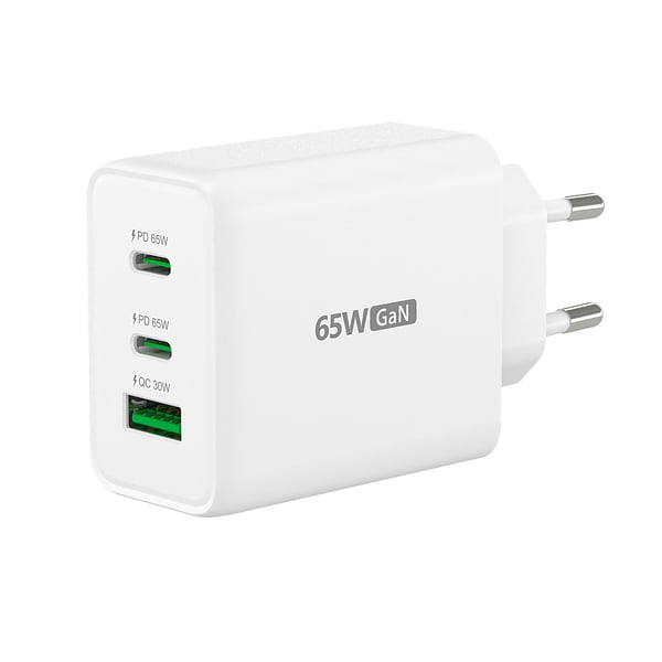 j5create - Strømadapter - GaN-teknologi - 65 watt - 4.5 A - PD 3.0, QC 3.0 - 3 utgangskontakter (2 x USB-C, USB-type A) - hvit - Den europeiske union