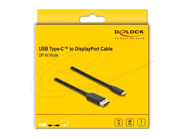 Delock - USB-kabel - USB-C (hane) till DisplayPort (hane) - DisplayPort 1.4 - 2 m - 8K60Hz stöd, stöd för DP Alt-läge, HDR-stöd - svart