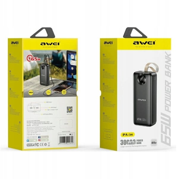 Powerbank Awei PA-34 30000mAh 65W nopea lataus czarny
