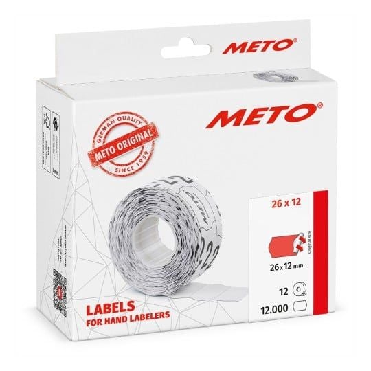 Prisetikett METO 26x12mm neonröd, permanent - (12 rullar x 1 000 st.)