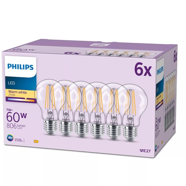 Philips LED Classic - LED-lyspære - form: A60 - E27 - 7 W (ekvivalent 60 W) - klasse E - varmt hvitt lys - 2700 K (en pakke 6)