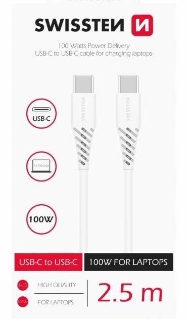 Swissten USB-C - USB-C 5A/100 Strømforsyning 2,5 m Hvit