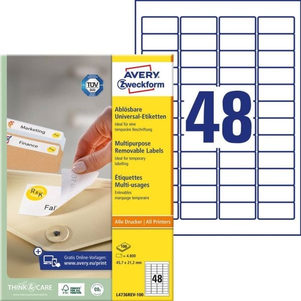 Avery L4736REV-100, hvit, avrundet rektangel, avtakbar, 45,7 x 21,2 mm, A4, papir