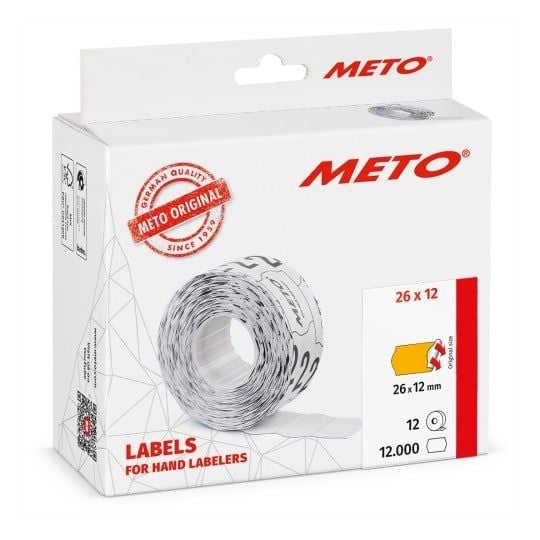 Hintalappu METO 26x12mm neonoranssi, pysyvästi liimautuva - (12 rullaa x 1 000 kpl)