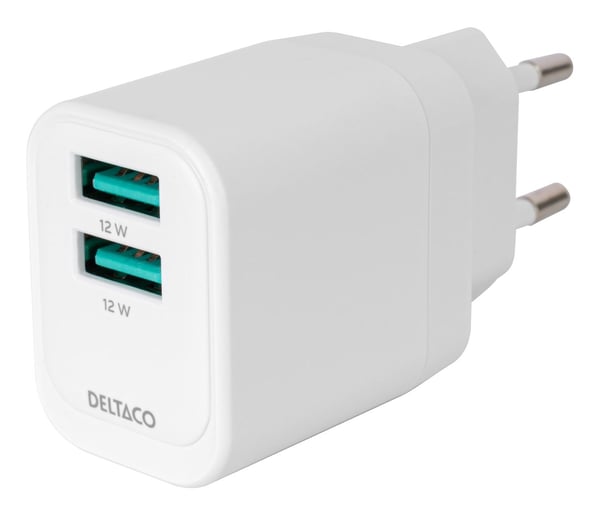 DELTACO - Strømadapter - 12 watt - 2 utgangskontakter (USB) - hvit