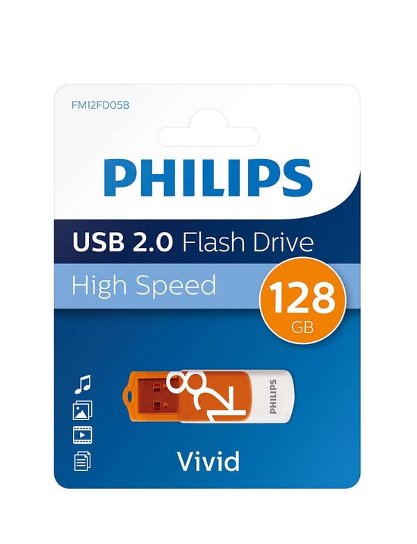 Philips FM12FD05B, 128 GB, USB A-tyyppi, 2.0, Taittuva, 8 g, Oranssi, Valkoinen