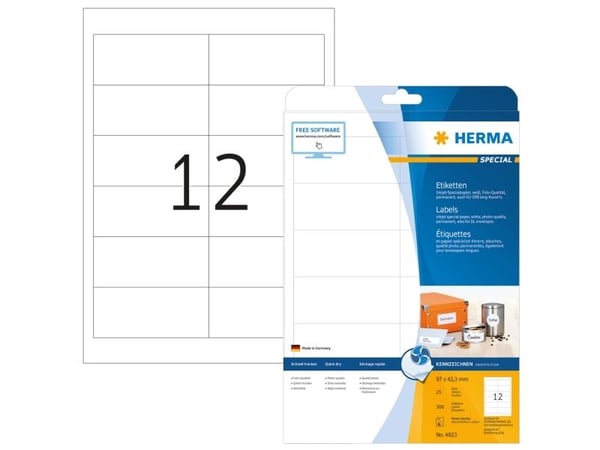 HERMA 4823, Valkoinen, Itse kiinnittyvä tulostintarra, A4, Paperi, Mustesuihku, Kiinteä