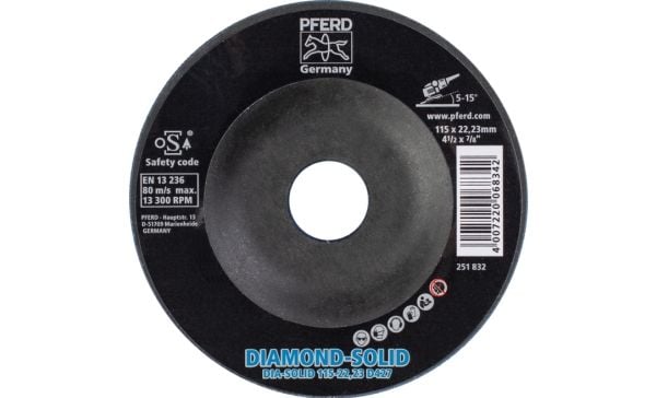 PFERD CC-GRIND-SOLID-DIAMOND 115-22,23 D 427, Teräs, valurauta, värimetalli, muovi, PFERD, 2,22 cm, 11,5 cm, 13300 rpm, 1 kpl