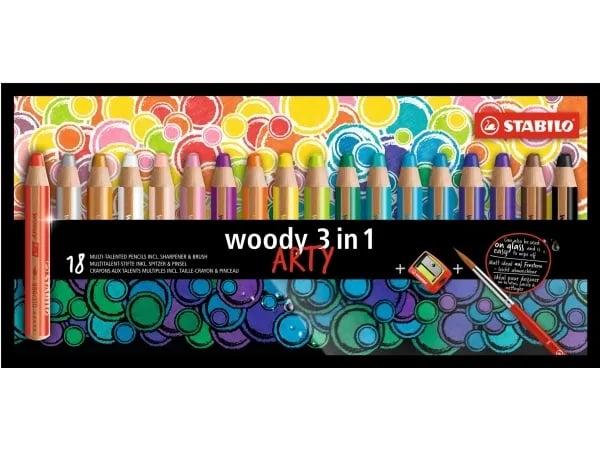 Stabilo Woody Arty 18 st + spetsar + pensel