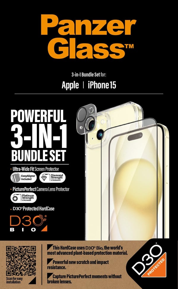 PanzerGlass™ | 3-i-1 beskyttelsespakke | Apple iPhone 15
