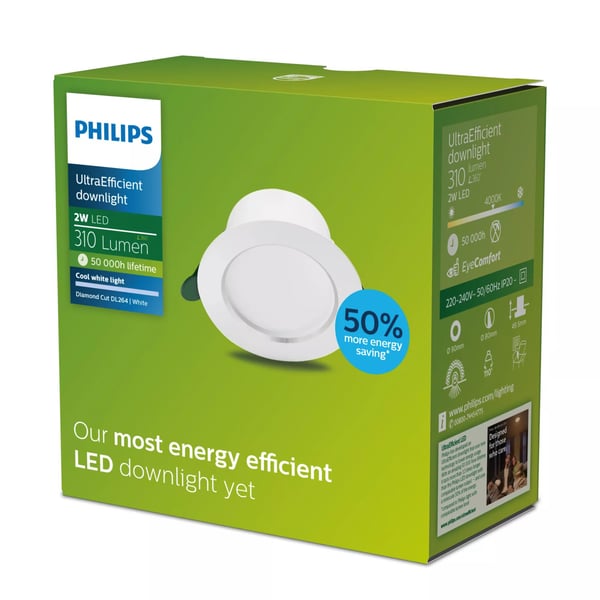 Philips Infälld spot Diamond Cut UltraEfficient, Nedtryckbar spotlight, 1 lampor, LED, 4000 K, 310 LM, Vit