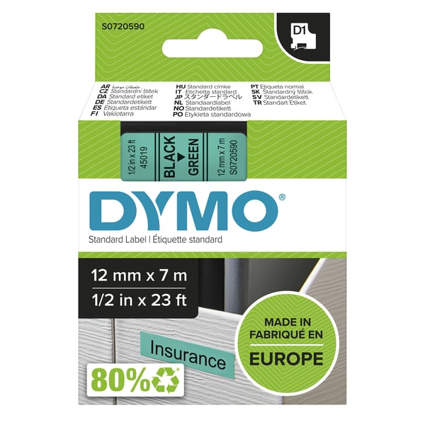 Teksttape Dymo 45019 12mm sort/grøn