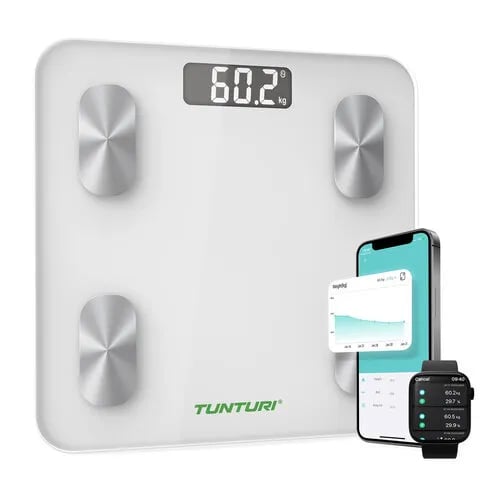 Tunturi SC30, Sähkökäyttöinen henkilövaaka, 180 kg, 100 g, Hopea, Valkoinen, kg, lb, Neliö