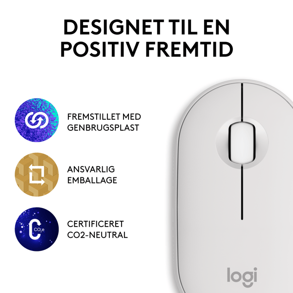 Logitech Pebble Mouse 2 M350s - Mus - optisk - 3 knapper - trådløs - Bluetooth 5.2 LE - tonalhvit