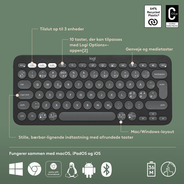 Logitech® | Pebble Keys 2 (K380s) - Tastatur - Bluetooth - Nordisk layout - Tonal-Graphite
