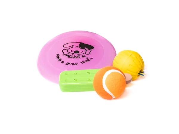 Hundelekeblanding, 4 stk (frisbee, ball på snor, tennisball, ispinne)