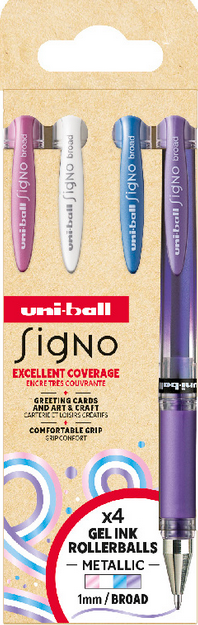 Uni-ball Signo Gel Ink Penne 4stk ( Met. Pink - Hvid - Met. Blå - Met. Violet)) UM-153 broad 1,0mm streg