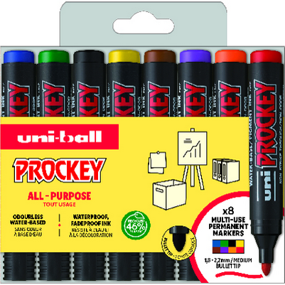 Uni Prockey Marker 8stk sæt Rund Spids (sort, rød, blå, grøn, gul, brun, orange, violet) streg 1,8-2,2mm - Vandbaseret blæk, Waterproff, Fadeproff,...
