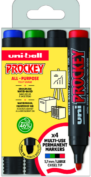 Uni Prockey marker 4-pack kantig spets (svart/röd/blå/grön) linjebredd 5,7 mm vattenbaserat bläck, vattentåligt, blekningsbeständigt, luktfri