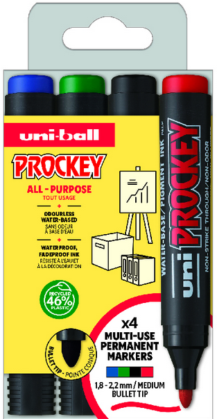 Uni Prockey marker 4-pack rund spets (svart/röd/blå/grön) linje 1,8-2,2 mm