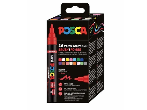 POSCA PC-5M PENSE - med 16 stk. assorterte farger - vendbar penselspiss
