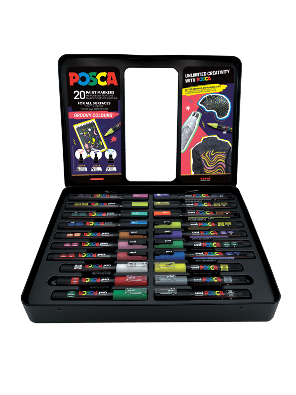 POSCA Gift Metal Tin, 20ass. Groovy Colours (6xpc1mc - 7xpc3m - 7xpc5m)
