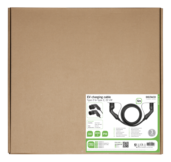 DELTACO e-Charge EV ladekabel type 2 plugg - 32A - Opptil 22 kW - 5 meter