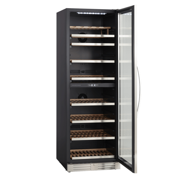 Scandomestic SV 124 X - Vinkjøleskap - 2 soner - bredde: 59,5 cm - dybde: 67,7 cm - høyde: 176,4 cm - 416 liter - Rustfit stål/svart - Opptil 126 f...