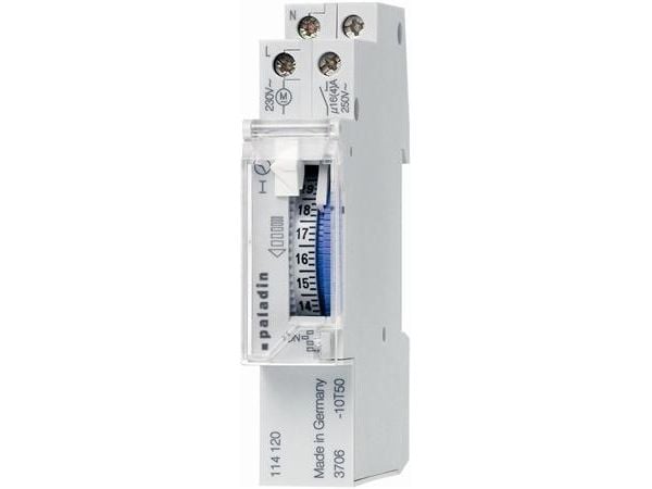 Analoginen aikakytkinpäiväModuulin leveys 17,5 mm, 1 kanava (16A) 230V 50-60Hz, 100 tunnin tehoreservi