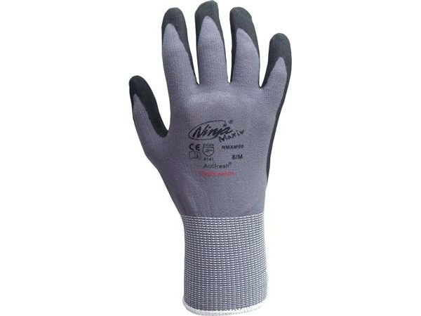Ninja Maxim-handske Storlek 8 - Nylon/spandex, halvt nedsänkbar, grå/svart nitrilbeläggning