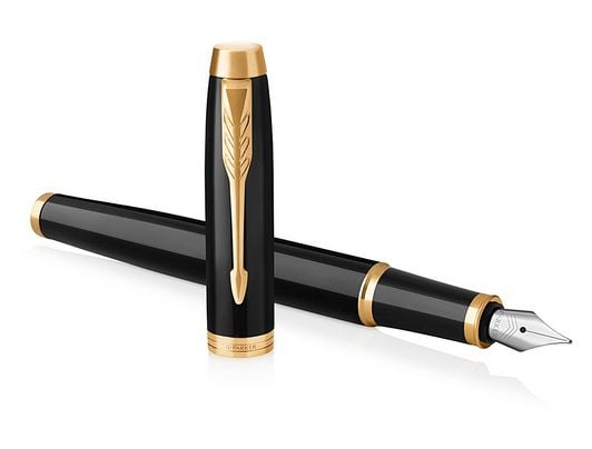 Parker IM, Svart, Gull, Patronpåfyllingssystem, Blå, Aluminium, Messing, Metall, Rund spiss, Rustfritt stål
