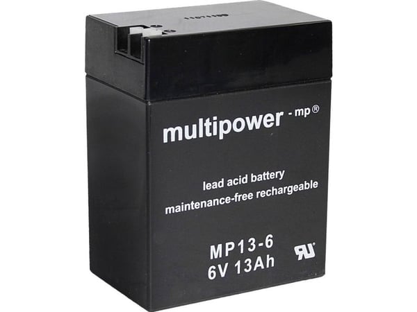 multipower MP13-6 A96801 Lyijyakku 6 V 13 Ah Lyijyakku (B x K x S) 108 x 140 x 70 mm Litteä liitin 4,8 mm, Litteä liitin 6,35 mm Huoltovapaa, vähäi...