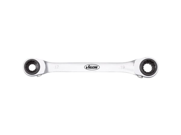 Vigor Doppel-Ratschen-Ringschlüssel, Hakenøkkel, Kromfarget, Rustfritt stål, Rett, 10,13,17,19 mm, 220 mm