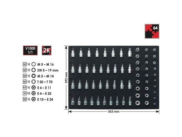 Vigor V2837, Støpselsett, 1/4+3/8+1/2", Metrisk, 64 hoder, 5,6,7,8,10,12,14,17,19 mm, 1/2,1/4,3/8"
