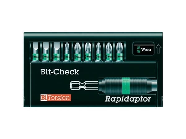 Wera Bit-Check 10 BiTorsion 1 - Screwdriver bit and bit holder set - 10 delar - phillips, pozidriv, slot - PH1, PH2, PH3, PZ1, PZ2, PZ3, SL5.5, SL6...