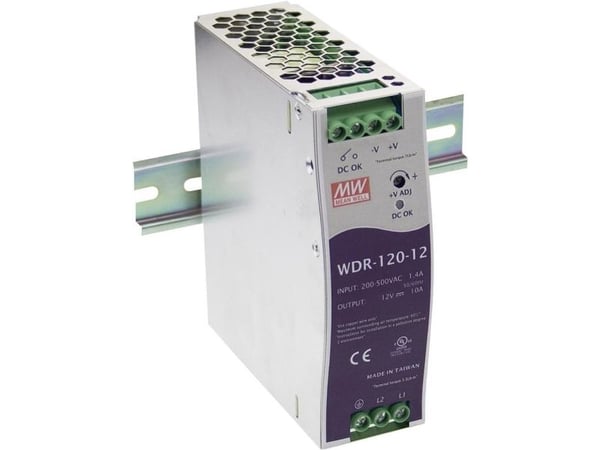 MEAN WELL WDR-120-12, 120 W, 180 - 550 V, 47 - 63 Hz, 0.7 - 1.2 A, 50 ms, 89,5%