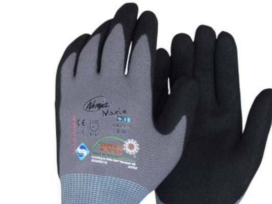 Ninja Maxim handske Str 8 - Nylon/spandex, halvdyppet, grå m/sort nitril belægning