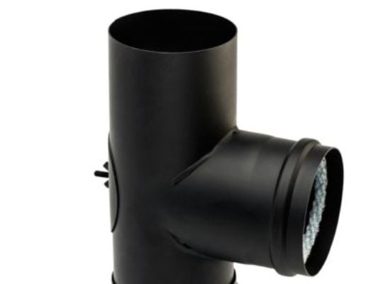 MB Sorte røgr. 80mmT-styk. 90 - T-stk 90° m/ovntilslut./sodskål/renselem modsat ovntilslut.