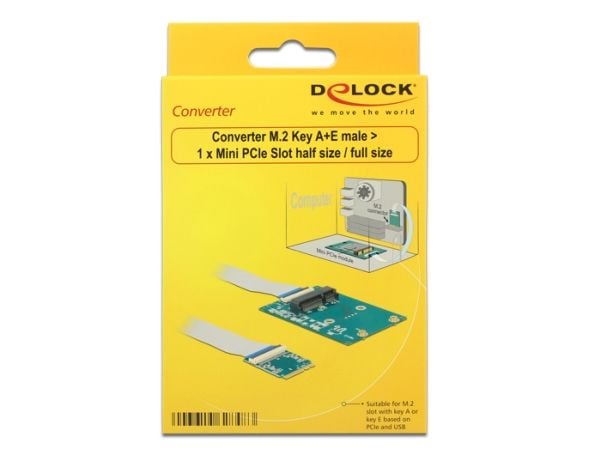 Delock-konverter M.2 Key A+E-kontakt > 1x Mini PCIe-spor halv størrelse/full størrelse med fleksibel kabel
