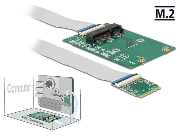 Delock-konverter M.2 Key A+E-kontakt > 1x Mini PCIe-spor halv størrelse/full størrelse med fleksibel kabel