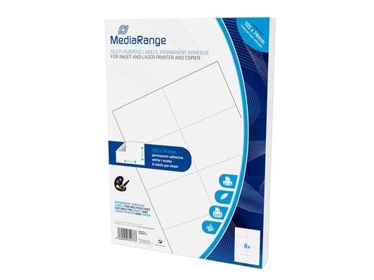 MediaRange - Matt - permanet adhesiv - matt hvit - 105 x 74 mm 400 etikett(er) (50 ark x 8) flerbruks merkelapper