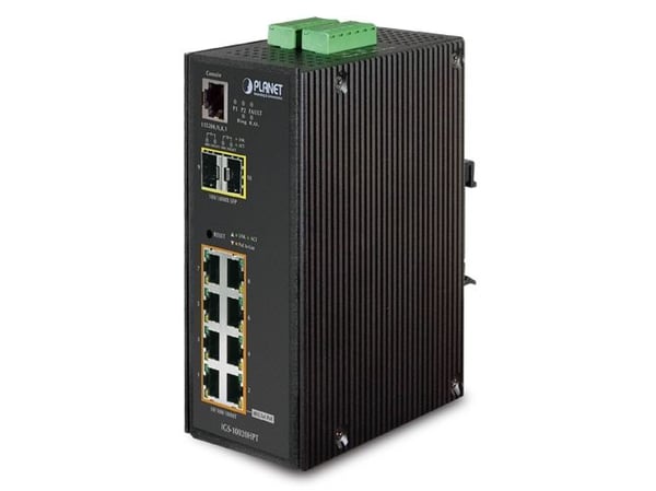 PLANET IGS-10020HPT - Switch - L2+ - Styrt - 8 x 10/100/1000 (PoE+) + 2 x Gigabit SFP - DIN-skinnemonterbar, veggmonterbar - PoE+ (270 W) - DC-strøm