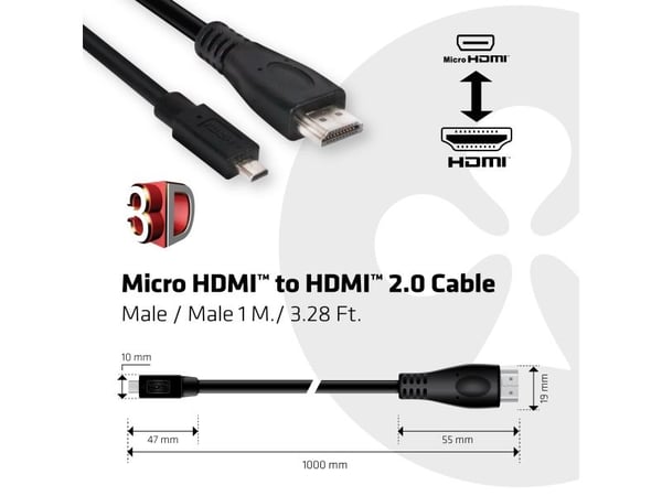 Club 3D CAC-1351 - HDMI-kabel - 19 pin micro HDMI Type D hann til HDMI hann - 1 m - 4K-støtte