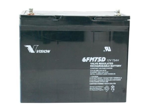 Vision Akkus 6FM75DX blybatteri 12 V 75 Ah blyfleece (258 x 215 x 166 mm) M6 skruetilkobling, vedlikeholdsfritt, syklusstabilt