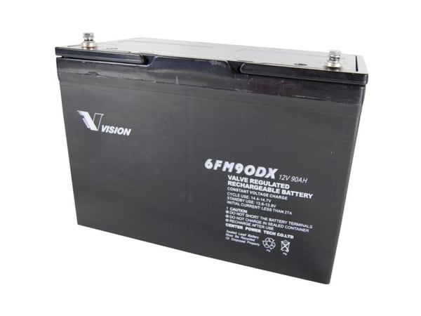 Vision batteri 6FM90DX blybatteri 12 V 90 Ah blyfleece 306 x 215 x 169 mm M6 skrutilkobling vedlikeholdsfritt syklusstabilt